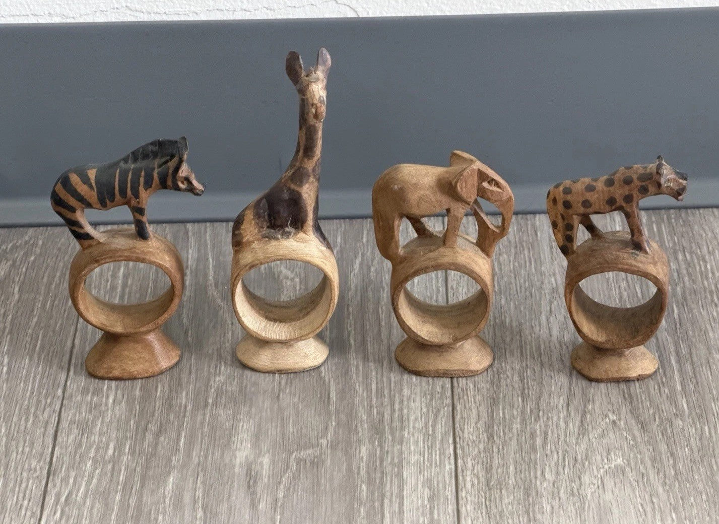 Vintage set of 4 Hand Carved Wooden African Safari Animal Napkin Ring Holders