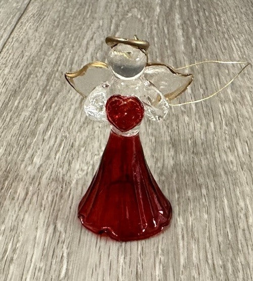Blown Glass Angel Ornament With Red Heart & Gold Trimmed Wings 2.5"