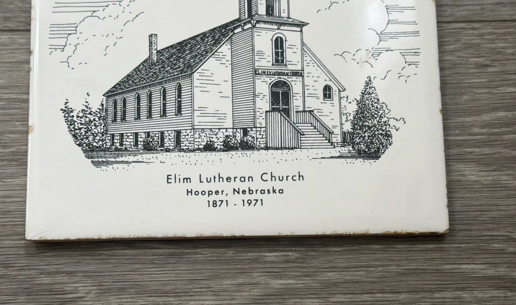 Elim Lutheran Church Hooper, Nebraska 1871-1971 Black & White Tile Trivet Cork