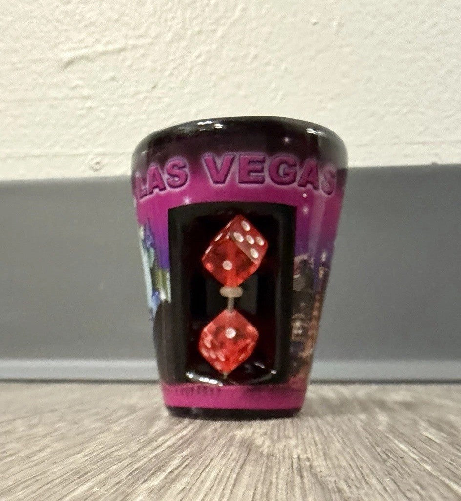 E - Shot Glass - 2.5" Black Las Vegas with inserted Dice