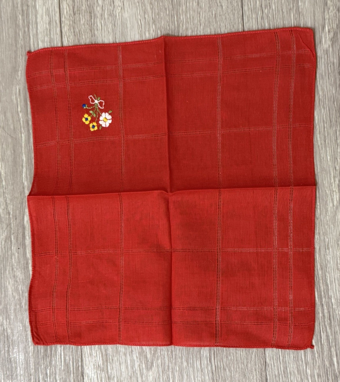 Vintage Bright Red Handkerchief Hanky With Embroidered Flowers Floral For Women