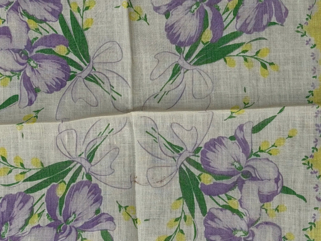 Vtg Ladies Square Handkerchief w/ Purple Iris Flowers & Ribbon Floral Print