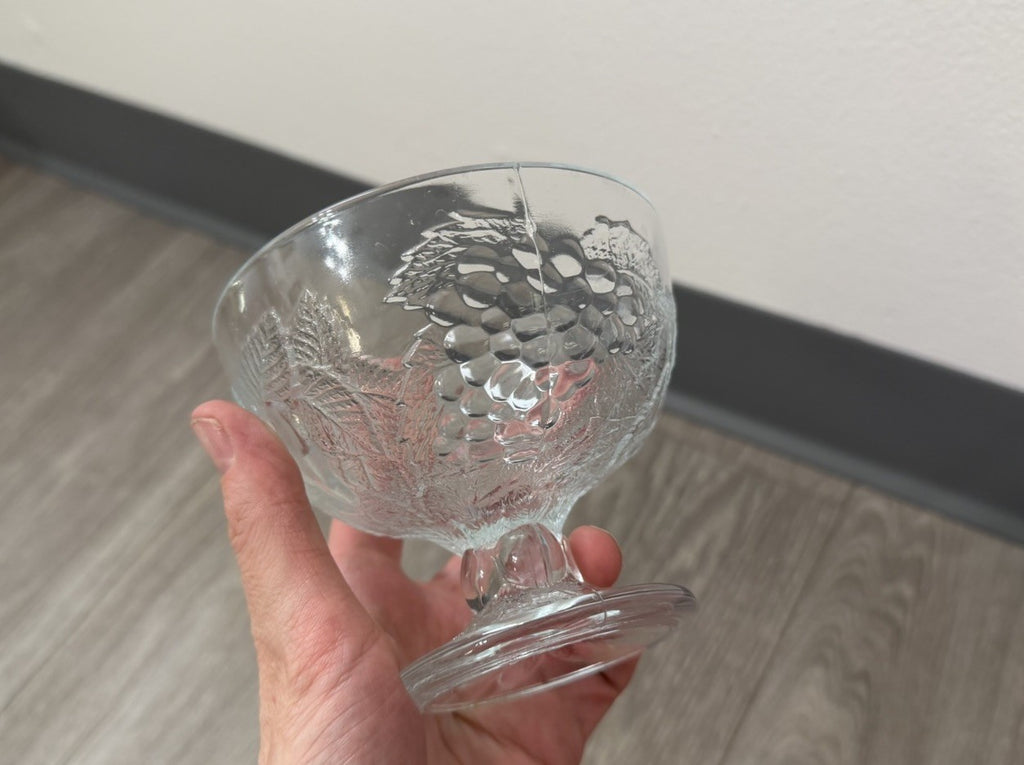 Vintage Footed Glass Bowl W/ Apples & Grapes Fruit Design Holiday Candy Dish