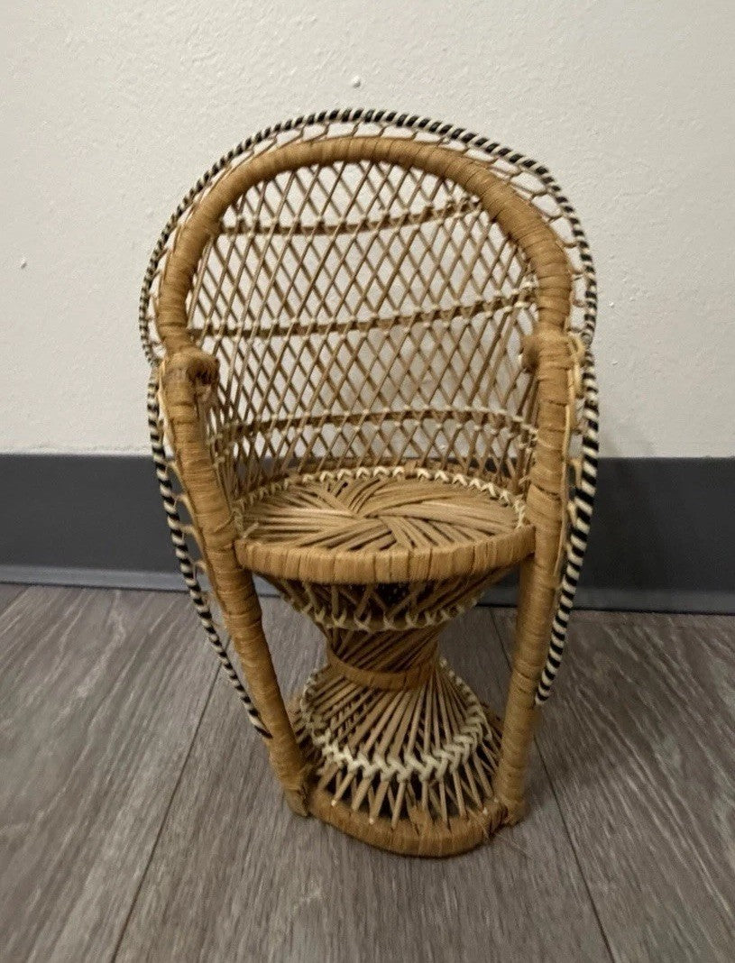Peacock Chair Plant Stand or Doll Chair Boho Décor Wicker Rattan 12.25” Tall