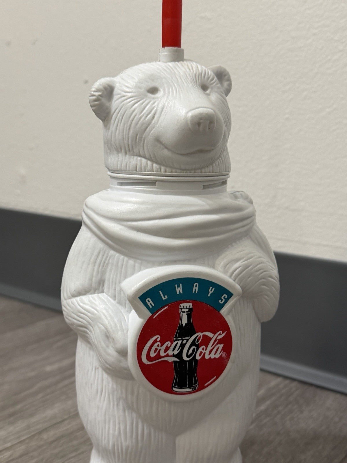 Vintage Coca Cola Polar Bear Water Bottle w/ Red Straw 