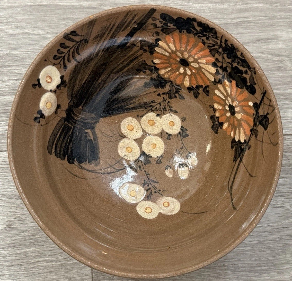 Vintage Japanese Retro Floral Bowl Ceramic Serving Bowl Brown READ