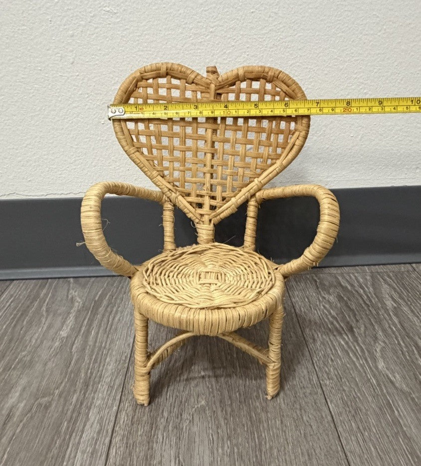 Vintage Cute Heart Wicker Doll, Bear Plush, Chair 9.5" Tall