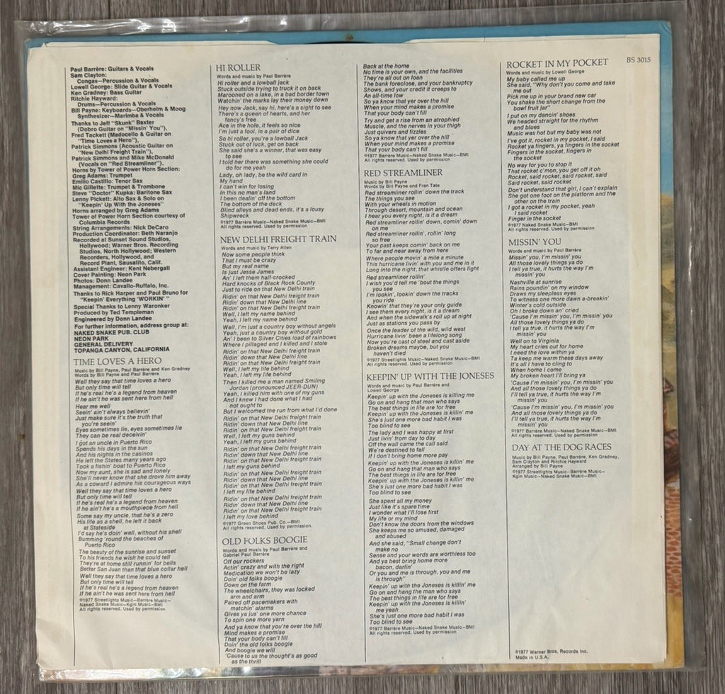 Little Feat, Time Loves A Hero, 1977 1st Warner Bros, BS-3015, VG+/VG+