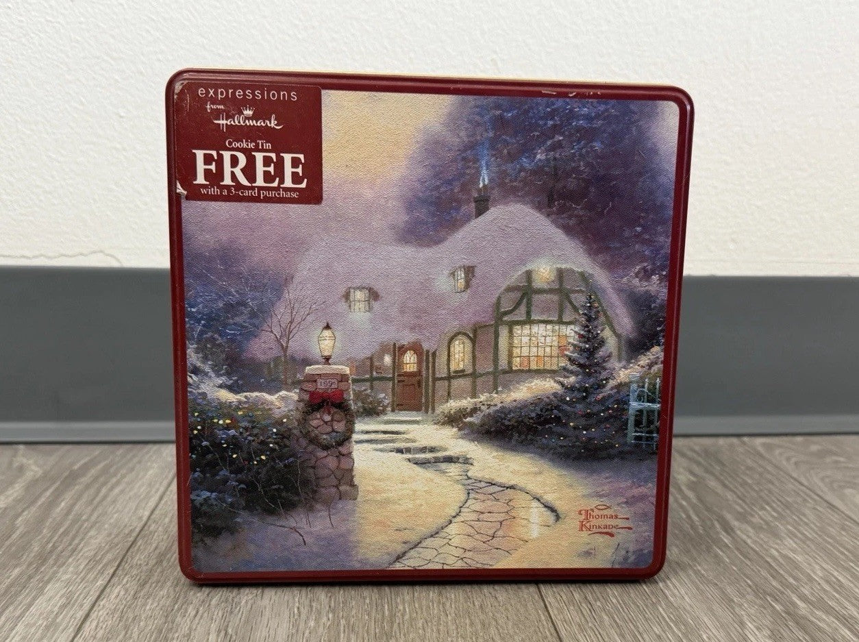 Hallmark/Kroger Thomas Kinkade Maroon/Gold Scenic Square Metal Tin, 7.5x7.5”