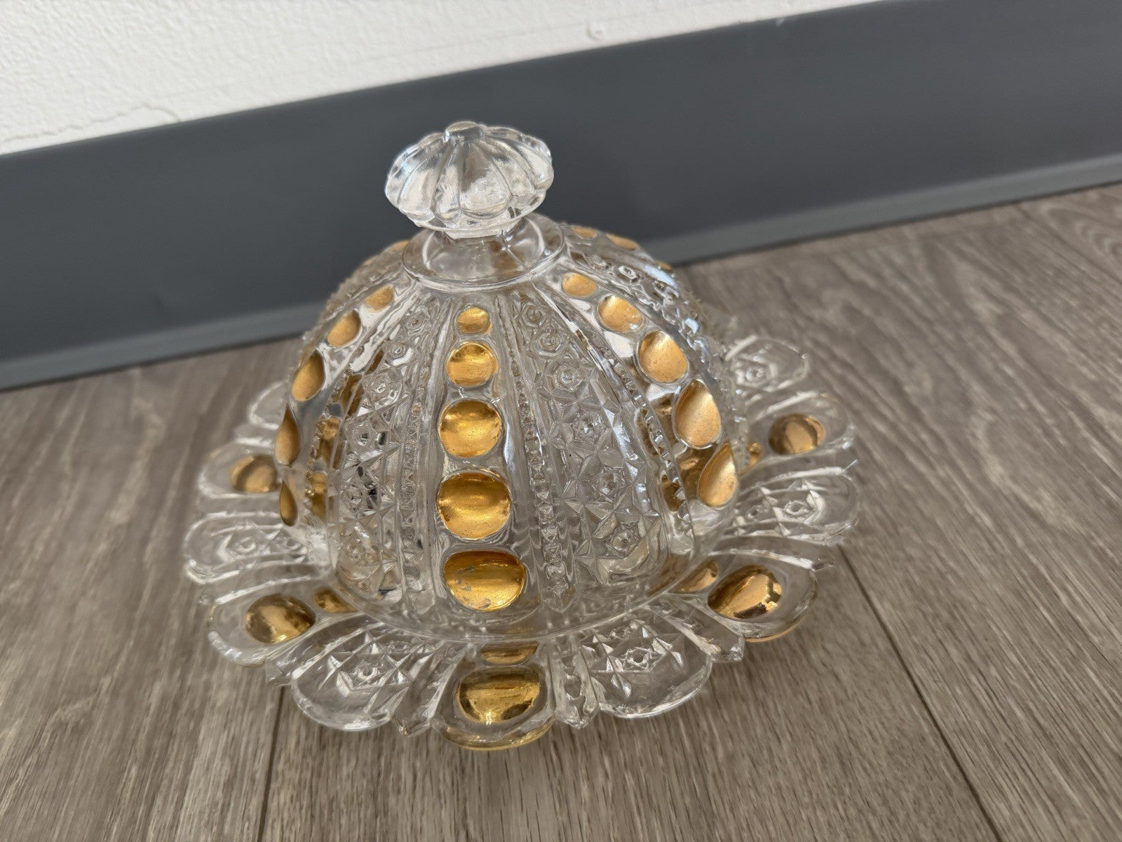 Vintage Good Drops Butter Dish w/ Domed Lid - Gold/Pressed Glass Has Chips