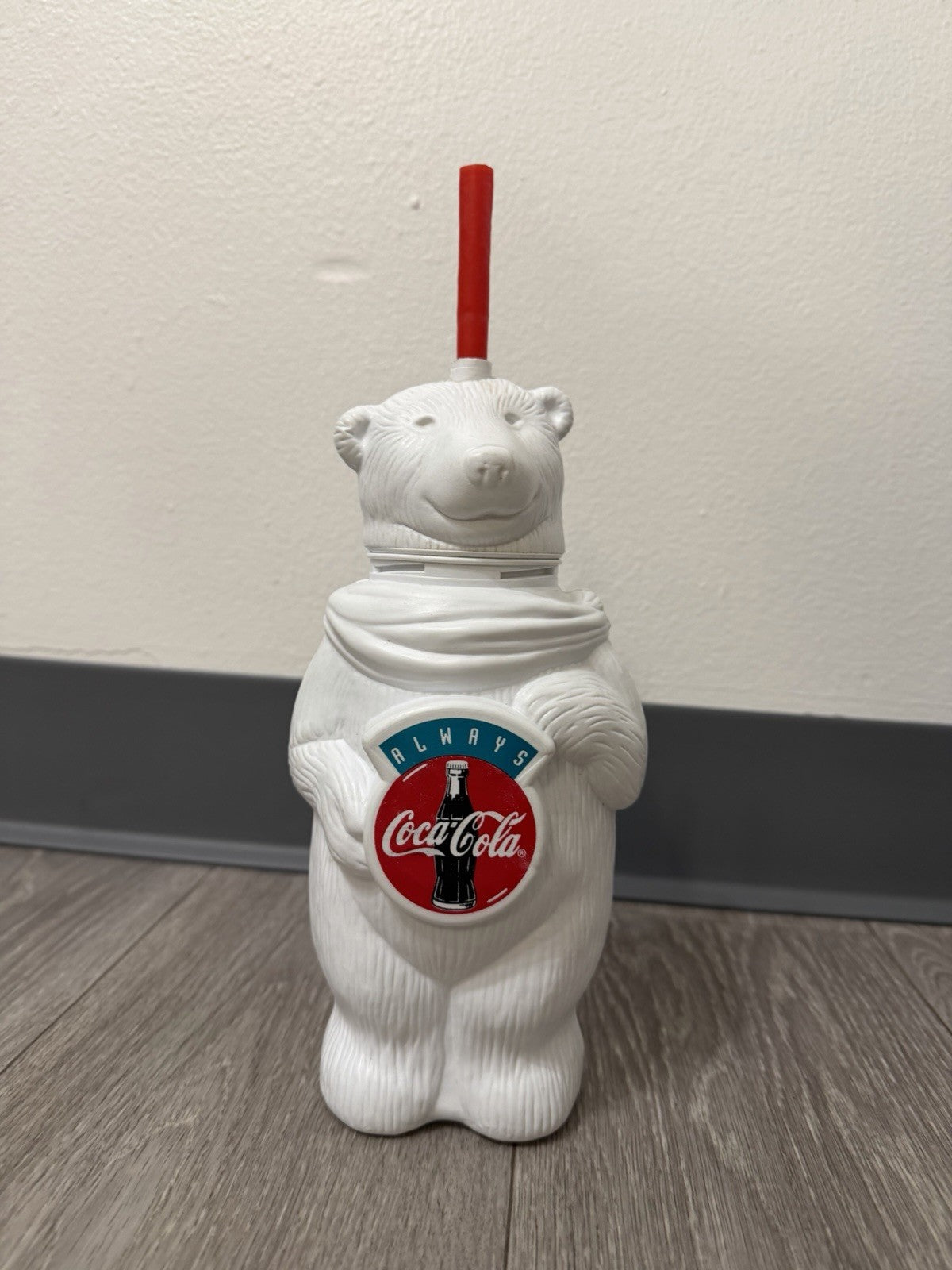 Vintage Coca Cola Polar Bear Water Bottle w/ Red Straw 