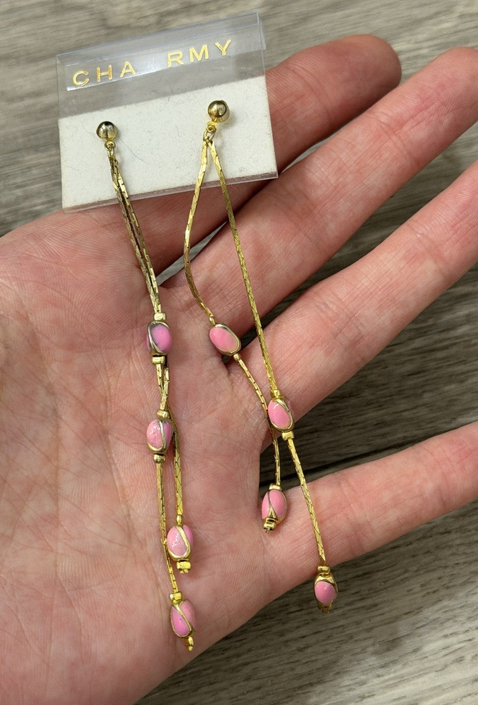 Beaded Drop Dangle Earrings Pink Gold Tone Metal Accent Chains Vintage Fashion