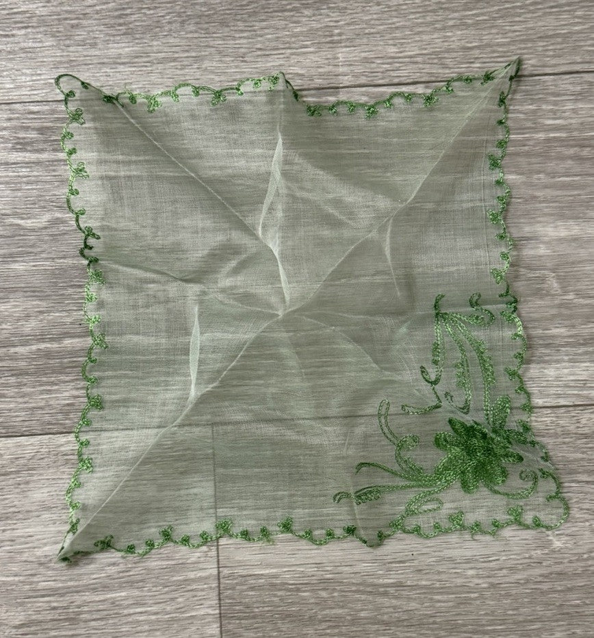 Vintage Green Needle Run Lace Hanky Handkerchief Floral