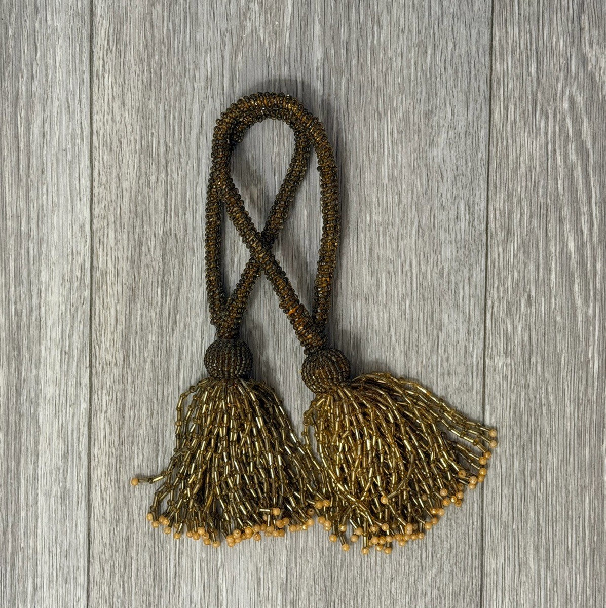 VINTAGE - Set Of Two Gold & Brown Beaded Curtain  Tassels / Tiebacks Home Decor