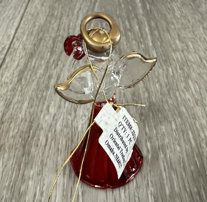 Blown Glass Angel Ornament With Red Heart & Gold Trimmed Wings 2.5"