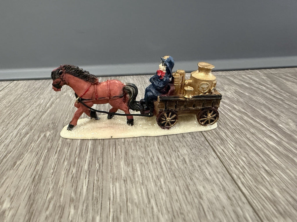 Horse-Drawn Fire Pumper Wagon w/ Firefighter, Vintage Christmas Village Figurine
