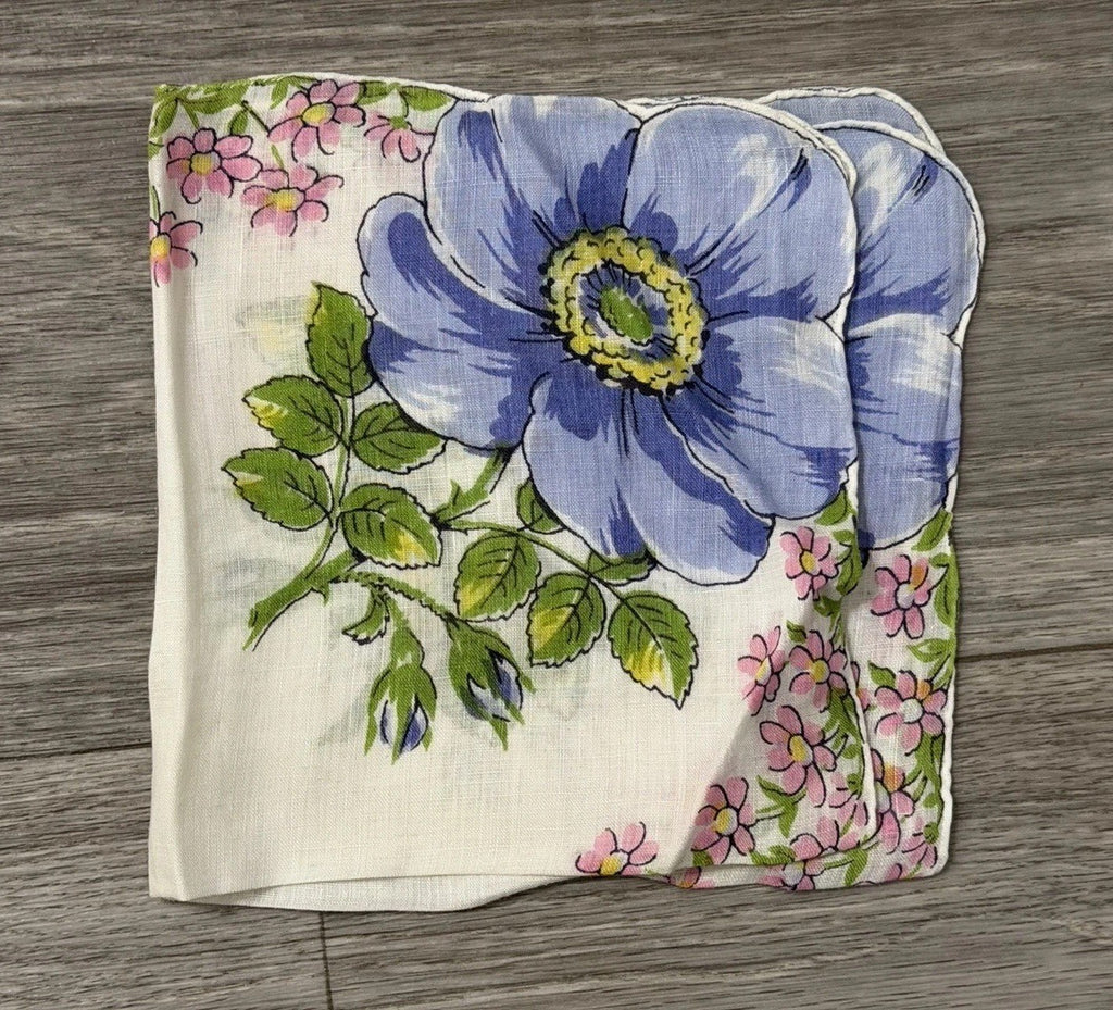 Vintage Blue Flowers W/ Little Pink Flowers Floral Wedding Handkerchief 12” Sq.