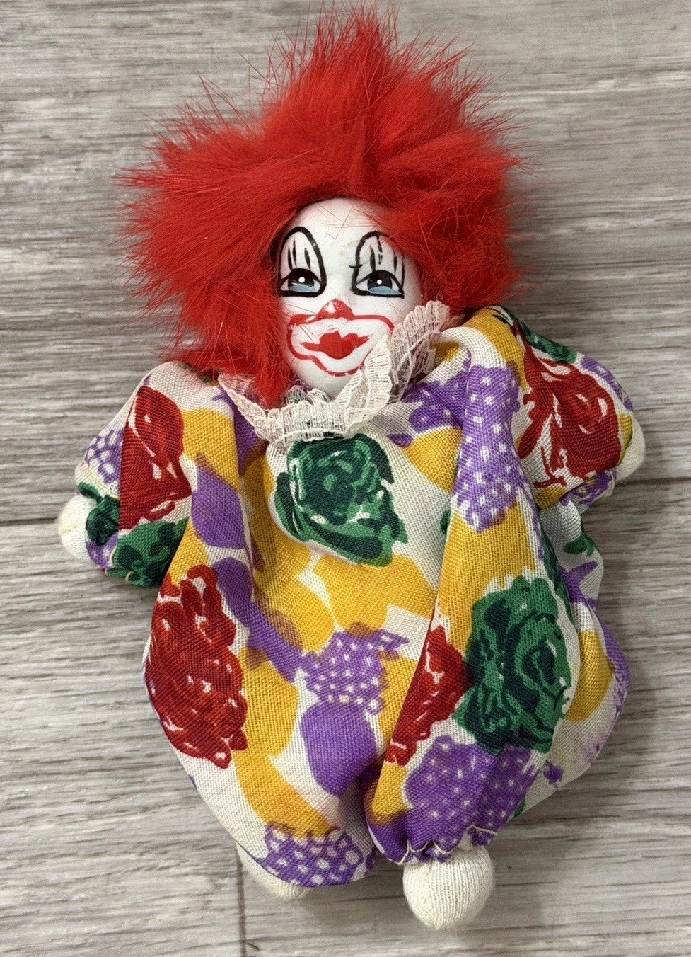 Vintage Imperial Porcelain Face Clown Doll 5” Plush Toy With Wild Red Hair