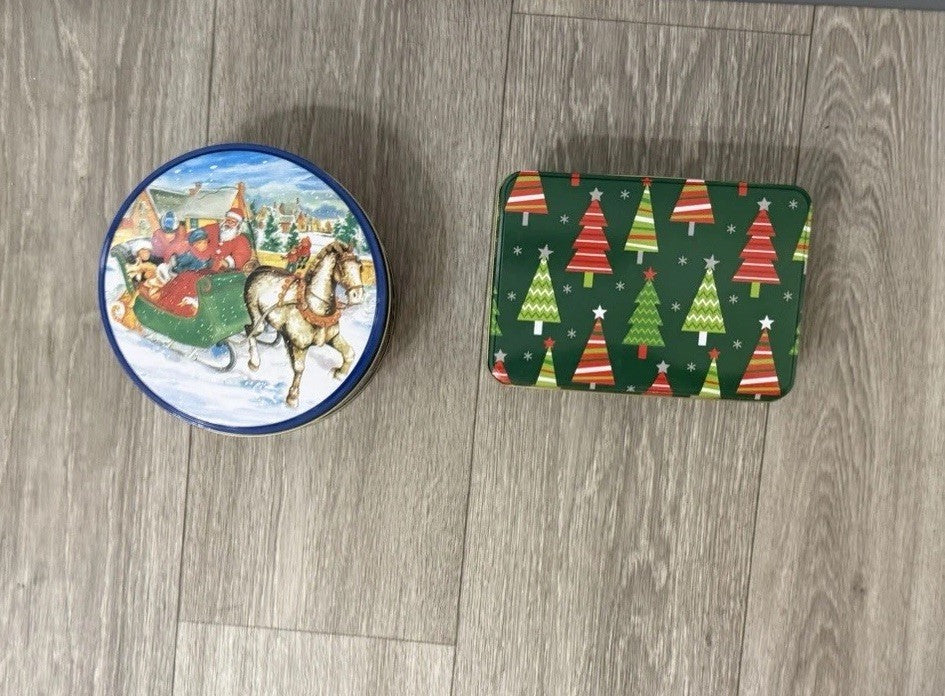 2 Christmas Tins Rnd & Rectangle 6” Diameter & 6.5”x 4.25” Used Great Condition