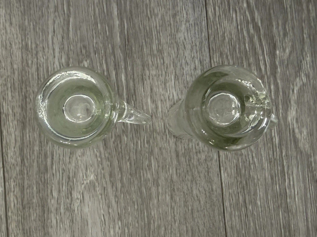 Shot Sake Liqueur Pair Glasses Japanese Etched Plant w/ Handles Vintage CHIPPED
