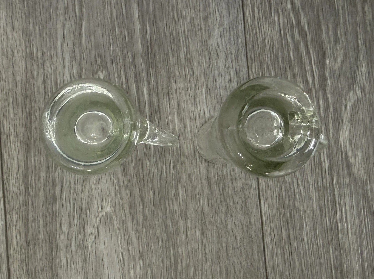 Shot Sake Liqueur Pair Glasses Japanese Etched Plant w/ Handles Vintage CHIPPED