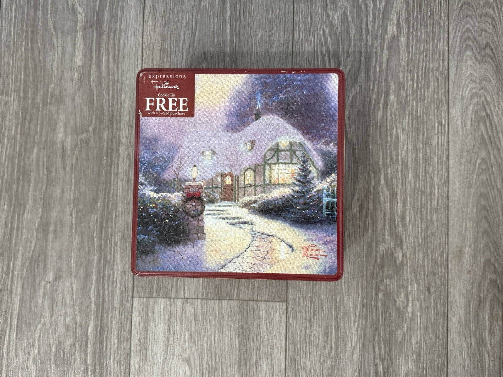 Hallmark/Kroger Thomas Kinkade Maroon/Gold Scenic Square Metal Tin, 7.5x7.5”