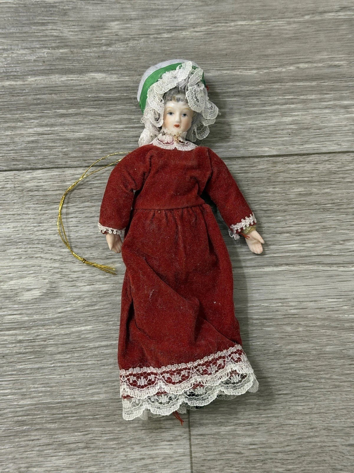 VTG Victorian Style Porcelain Woman Doll Red Velvet Dress/Holly Bonnet Ornament