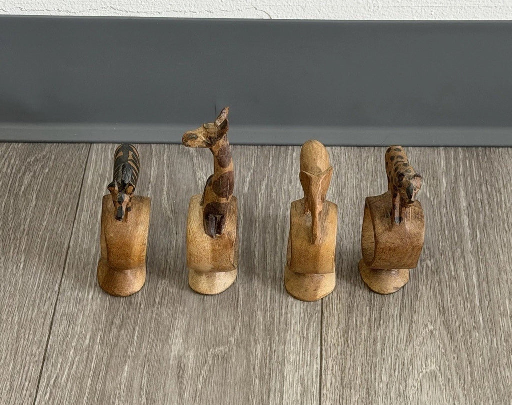 Vintage set of 4 Hand Carved Wooden African Safari Animal Napkin Ring Holders