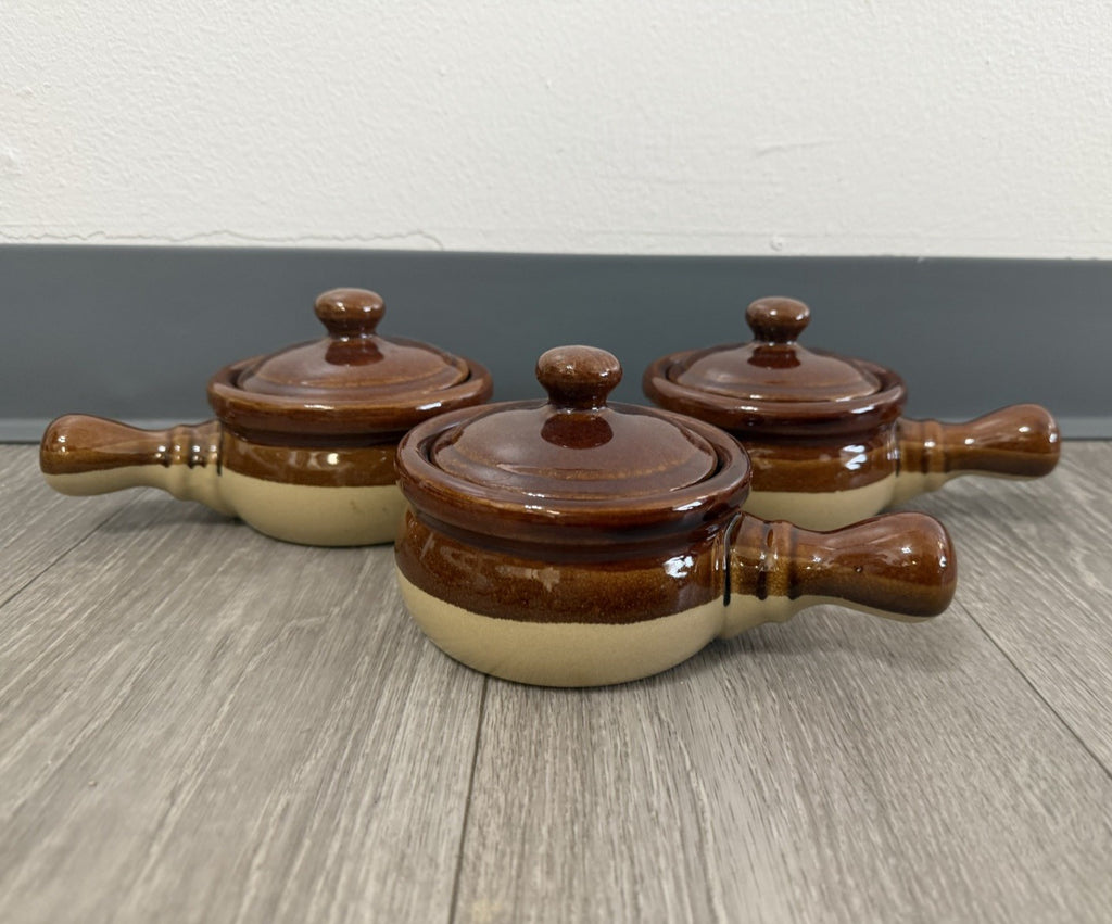 French Onion Crocks with Handle Stoneware with Lids/ Onion Soup Crocks/ Set of 3