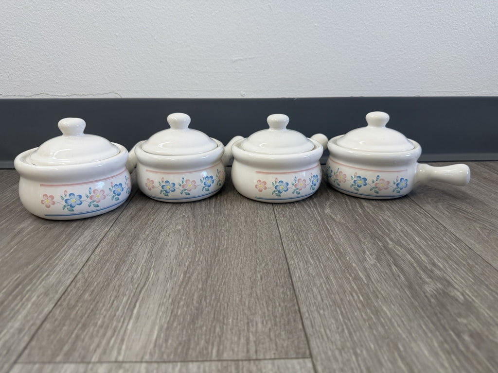 Vintage French Onion Soup Crock Bowl W/ Lid & Handle Blue Pink Flowers Set Of 4