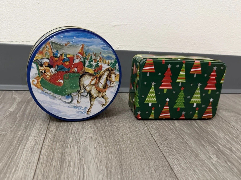 2 Christmas Tins Rnd & Rectangle 6” Diameter & 6.5”x 4.25” Used Great Condition