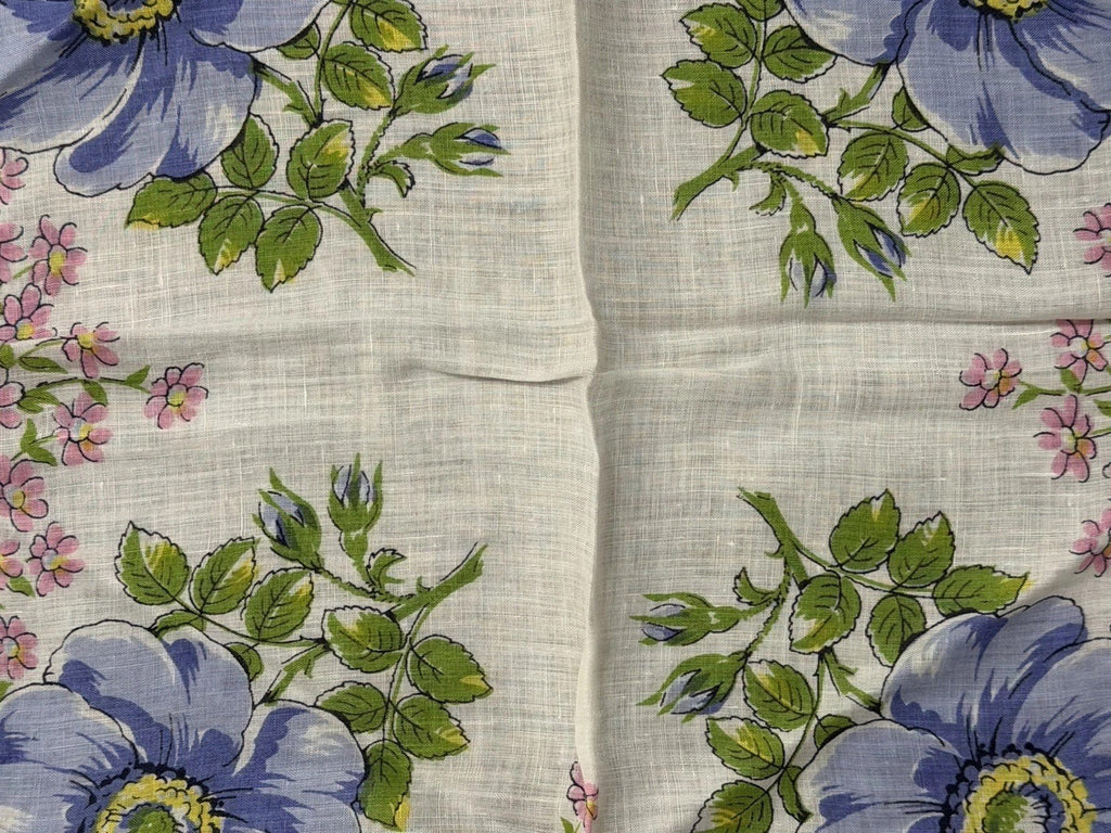 Vintage Blue Flowers W/ Little Pink Flowers Floral Wedding Handkerchief 12” Sq.