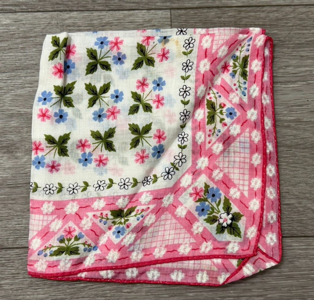 Vintage Beautiful Tiny Flowers Boho Wedding Handkerchief Pink, Blue & White
