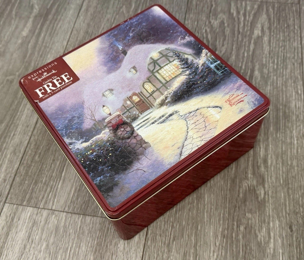 Hallmark/Kroger Thomas Kinkade Maroon/Gold Scenic Square Metal Tin, 7.5x7.5”