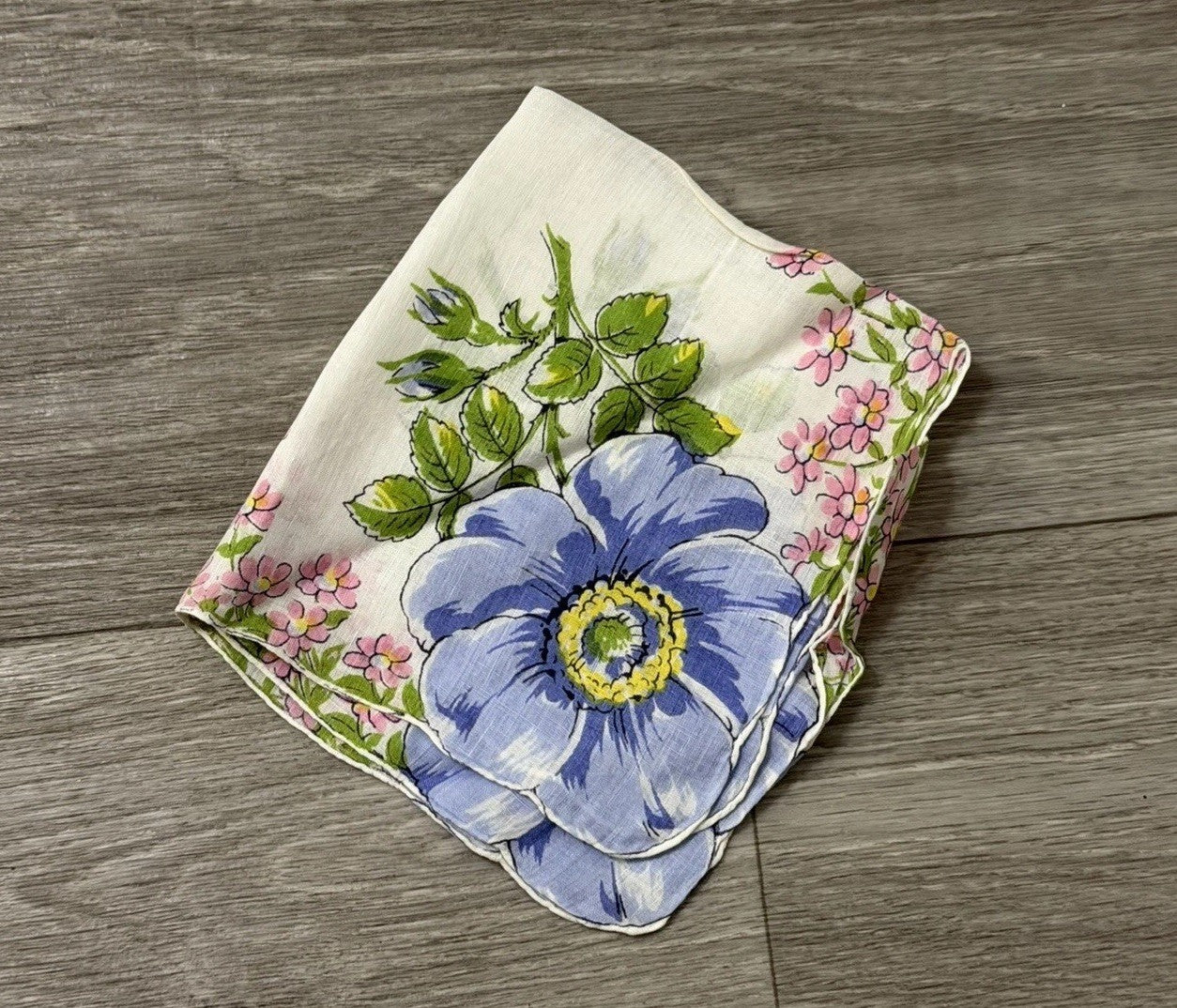 Vintage Blue Flowers W/ Little Pink Flowers Floral Wedding Handkerchief 12” Sq.