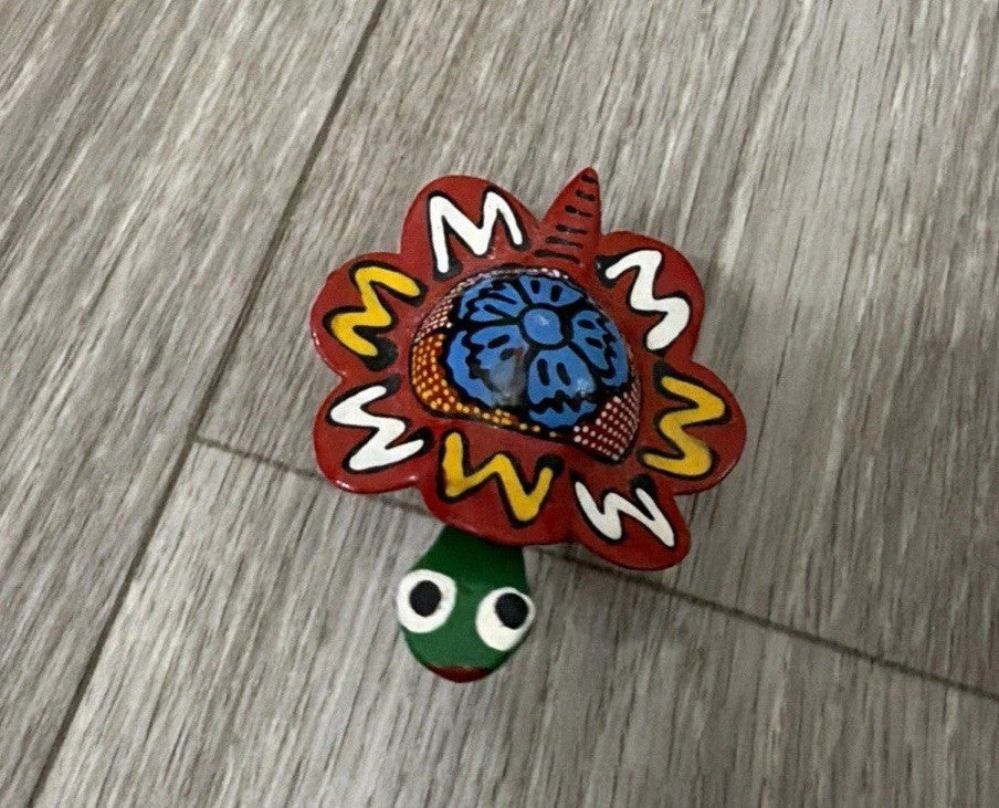 Vintage Nodder Bobble Head Turtle Hand Painted Mexico Folk Art RED Blue