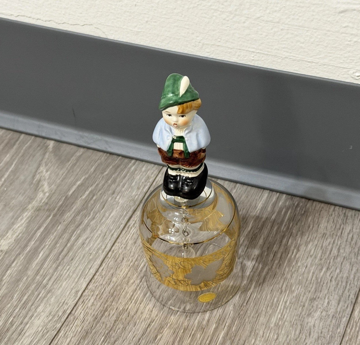 Vintage Goebel Western Germany Etched Crystal Glass Bell Ceramic Boy Handle