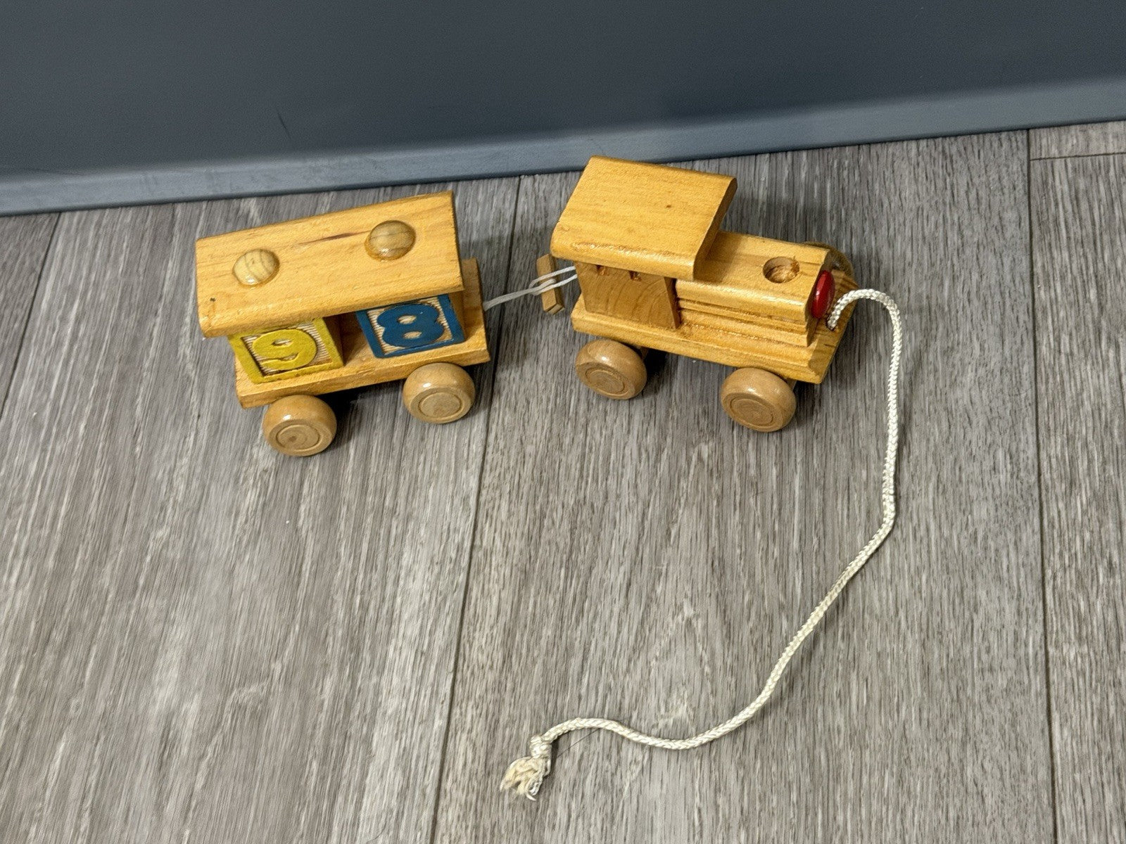 VINTAGE HAND MADE WOODEN TRAIN & CAR WITH BLOCKS STURDY Pull Toy