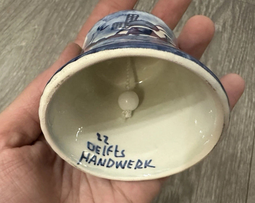 Vintage DELFTt Holland Blue and White Hand-Painted Windmill Leaf Bell 3”