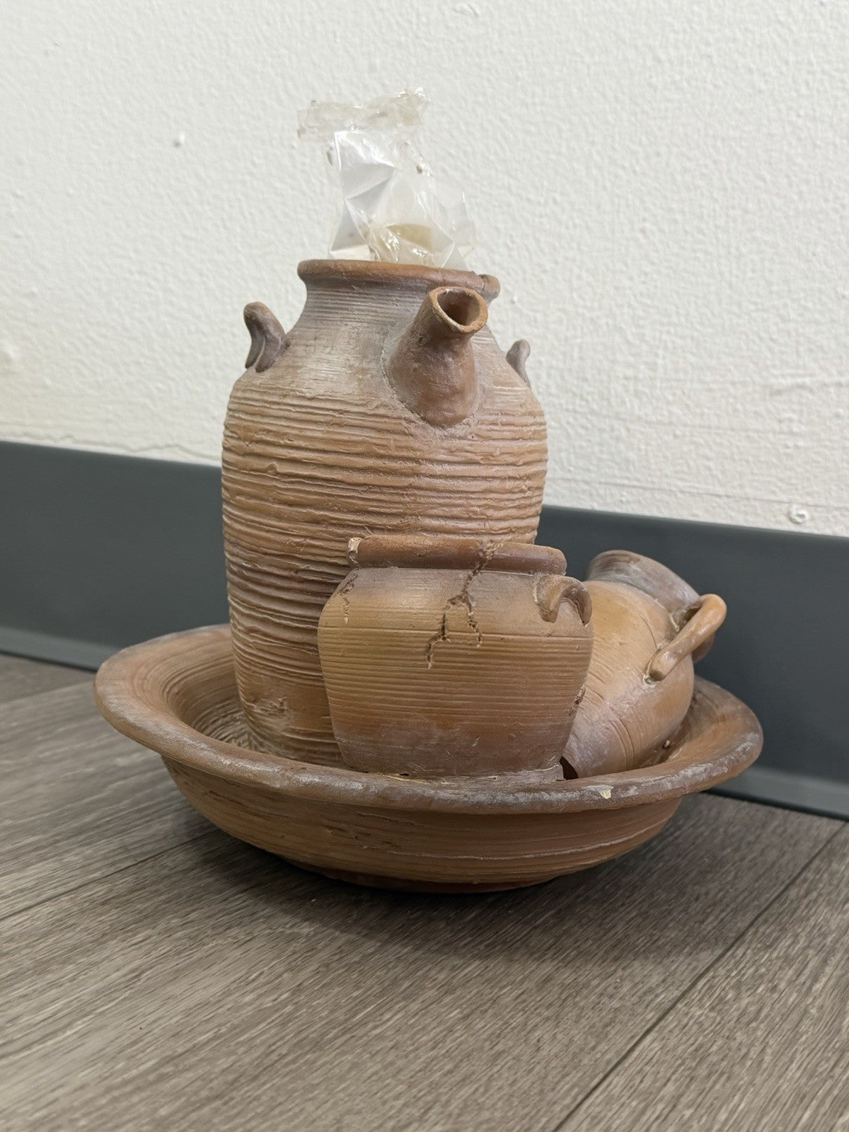 Tabletop Water Fountain Rustic Faux Pottery Sculpture– Folk Art Decor