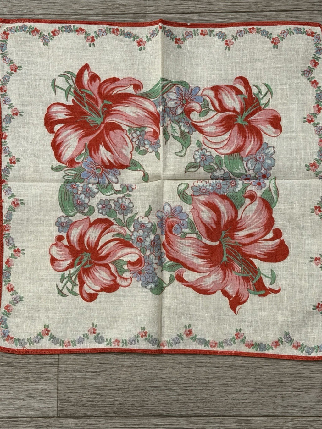 Vintage Red Lily Floral & Blue Forget-Me-Nots Handkerchief Hanky Flowers 10.75"