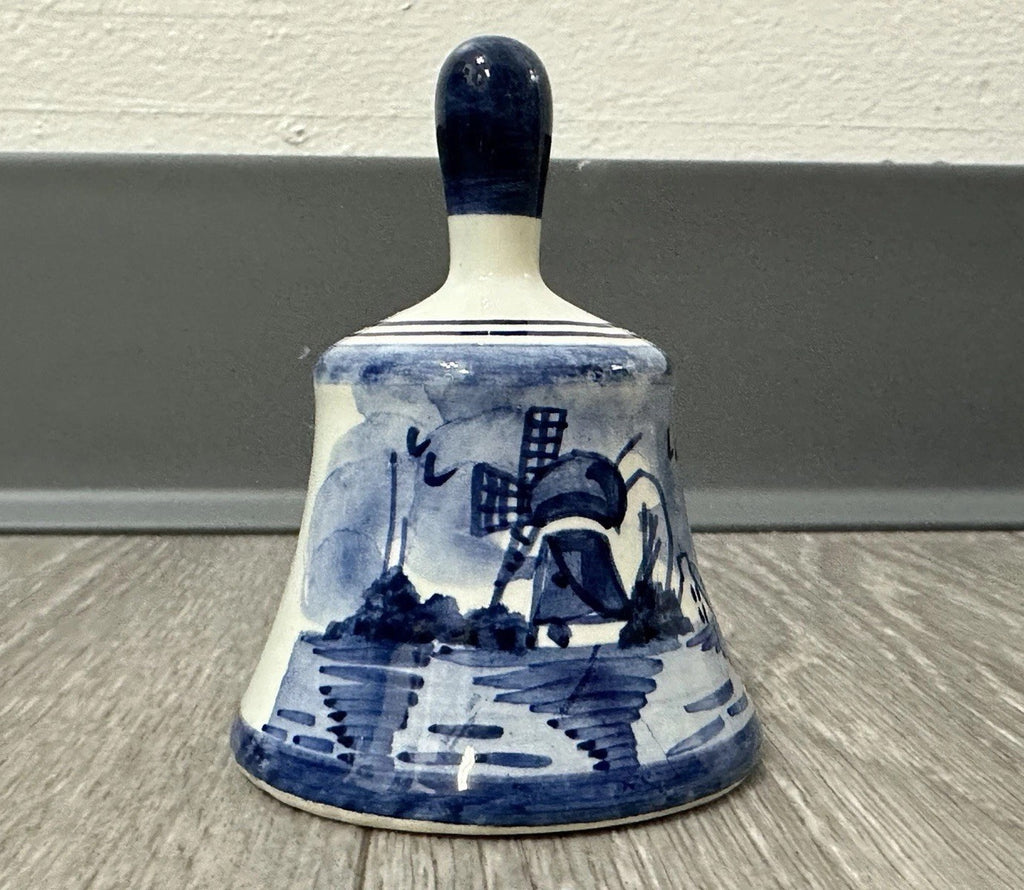 Vintage DELFTt Holland Blue and White Hand-Painted Windmill Leaf Bell 3”