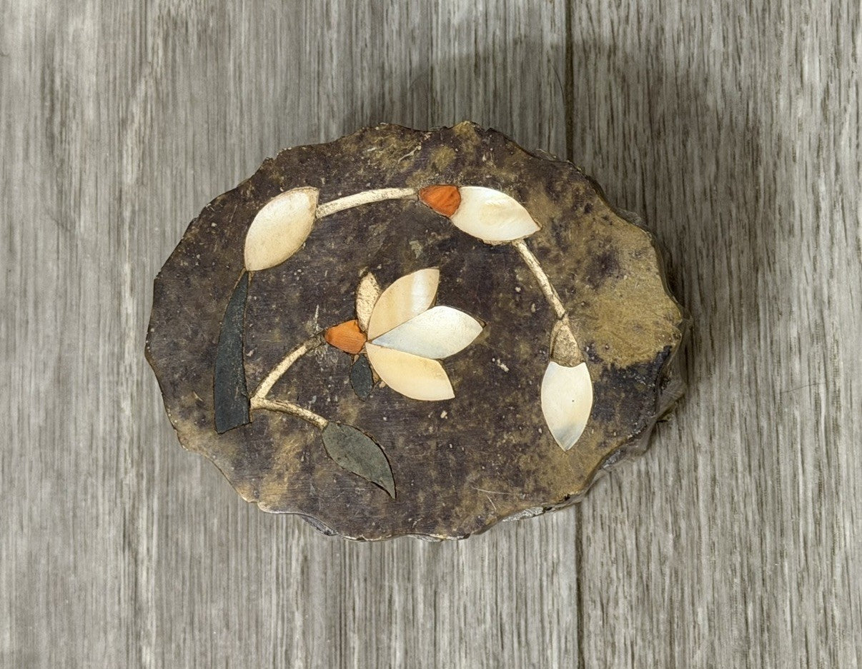 Vintage Stone Trinket Box Abalone Inlay Made In India 3” X 2.25” X 1.5” Tall