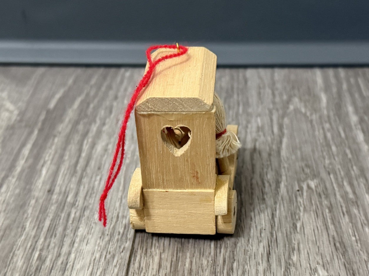 Vintage Handmade Wooden Car Girl Christmas Tree Ornament Heart 80s Doll Folk Art