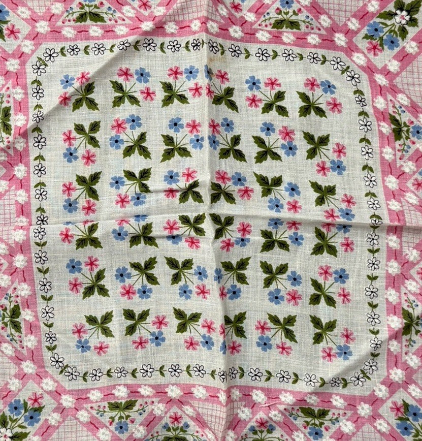 Vintage Beautiful Tiny Flowers Boho Wedding Handkerchief Pink, Blue & White