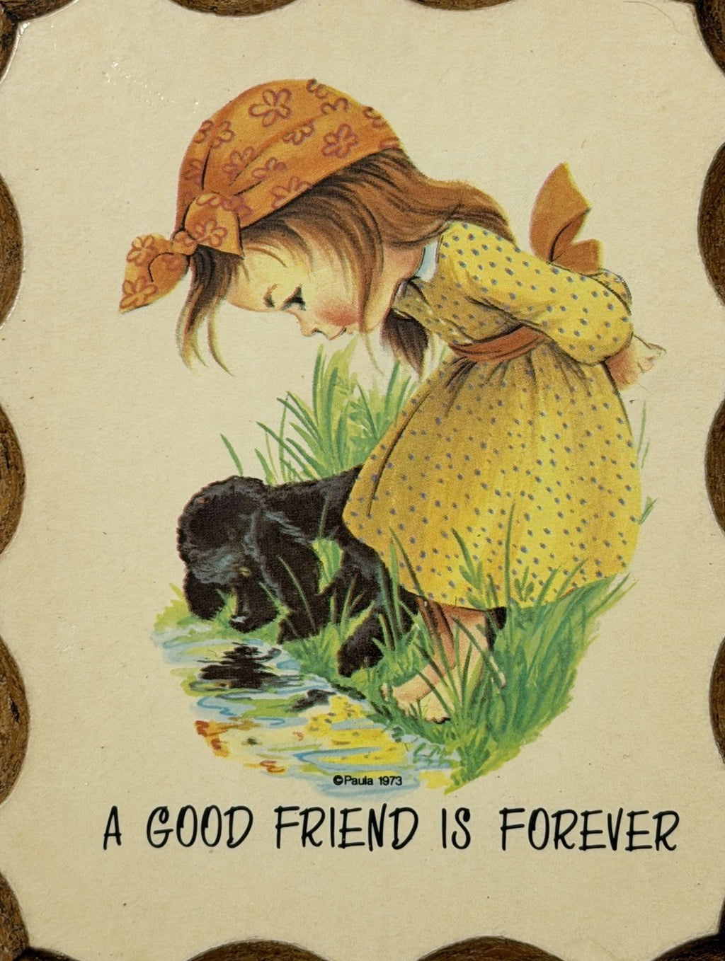 Vintage 1973 Paula Cutes Small Wooden Wall Plaque ~ " A Good Friend is Forever "