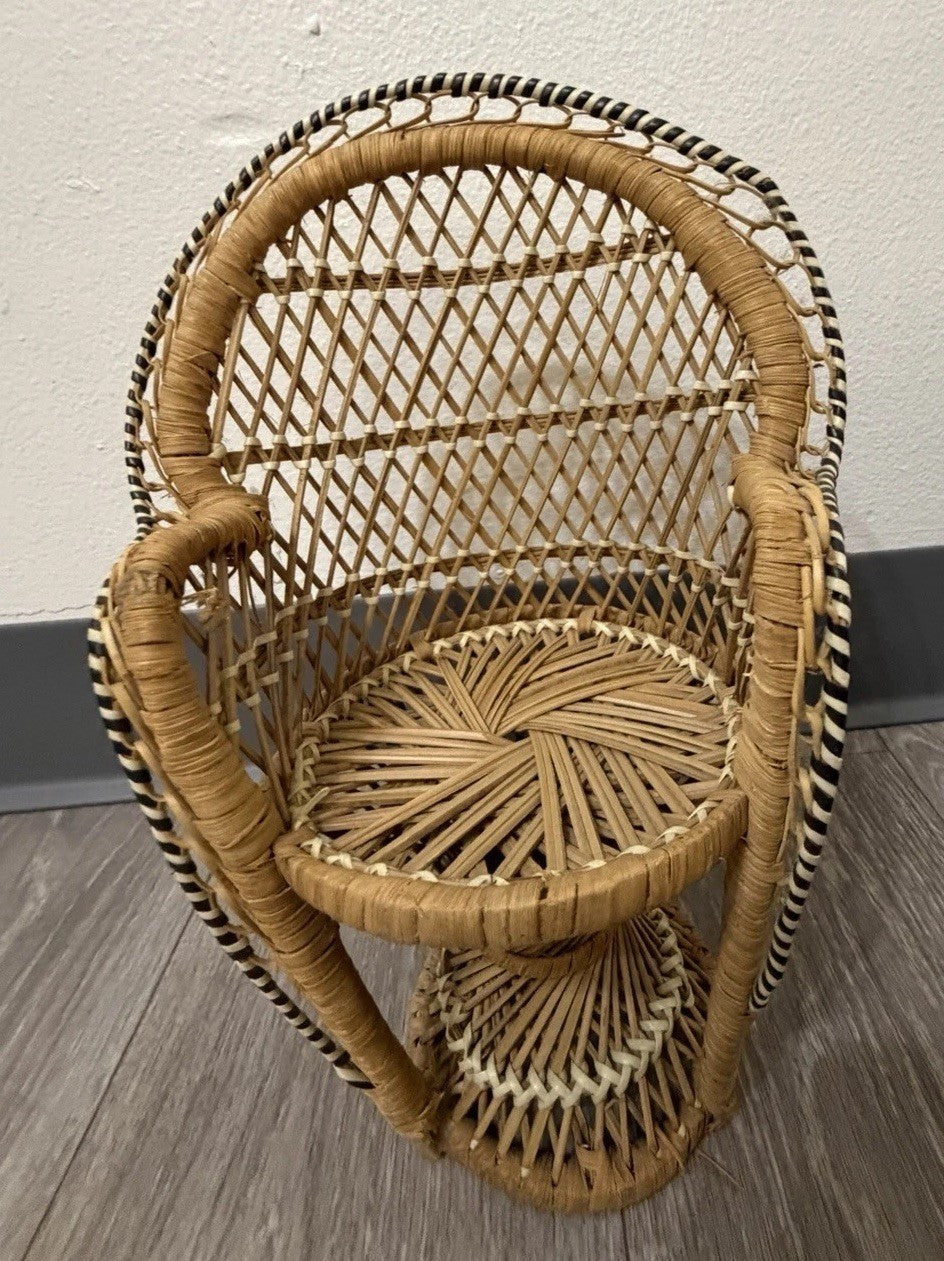 Peacock Chair Plant Stand or Doll Chair Boho Décor Wicker Rattan 12.25” Tall