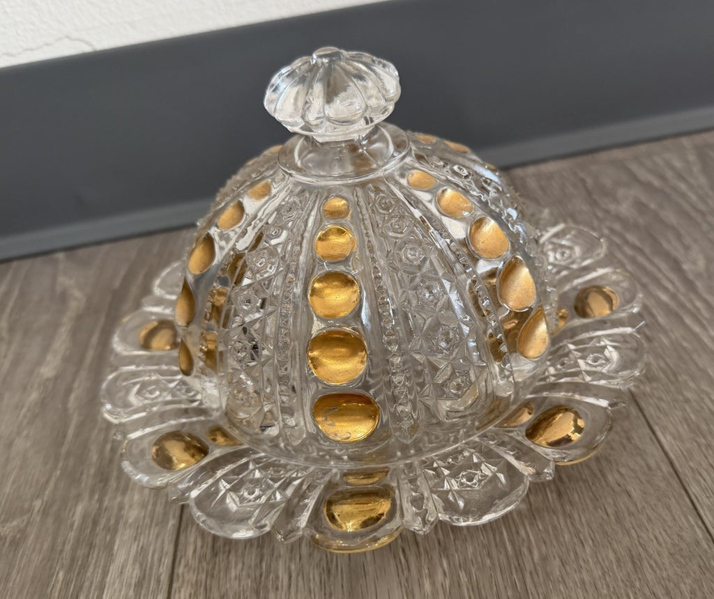 Vintage Good Drops Butter Dish w/ Domed Lid - Gold/Pressed Glass Has Chips