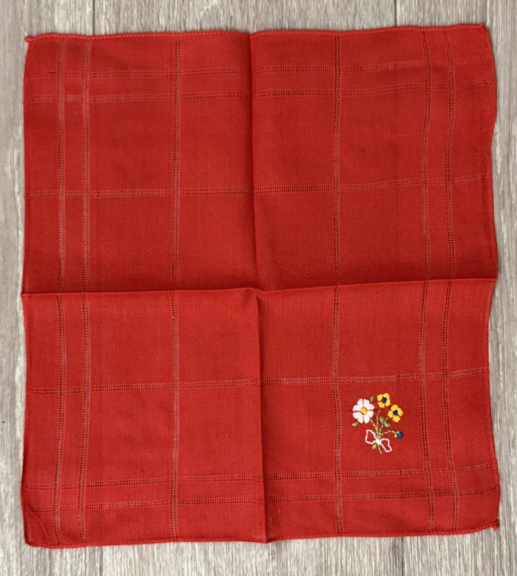 Vintage Bright Red Handkerchief Hanky With Embroidered Flowers Floral For Women