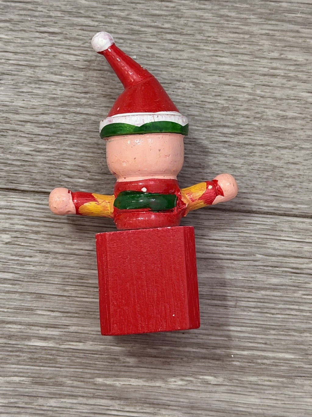 Vintage Wooden Jack In The Box Clown  Red Green Christmas Ornament ~ Taiwan